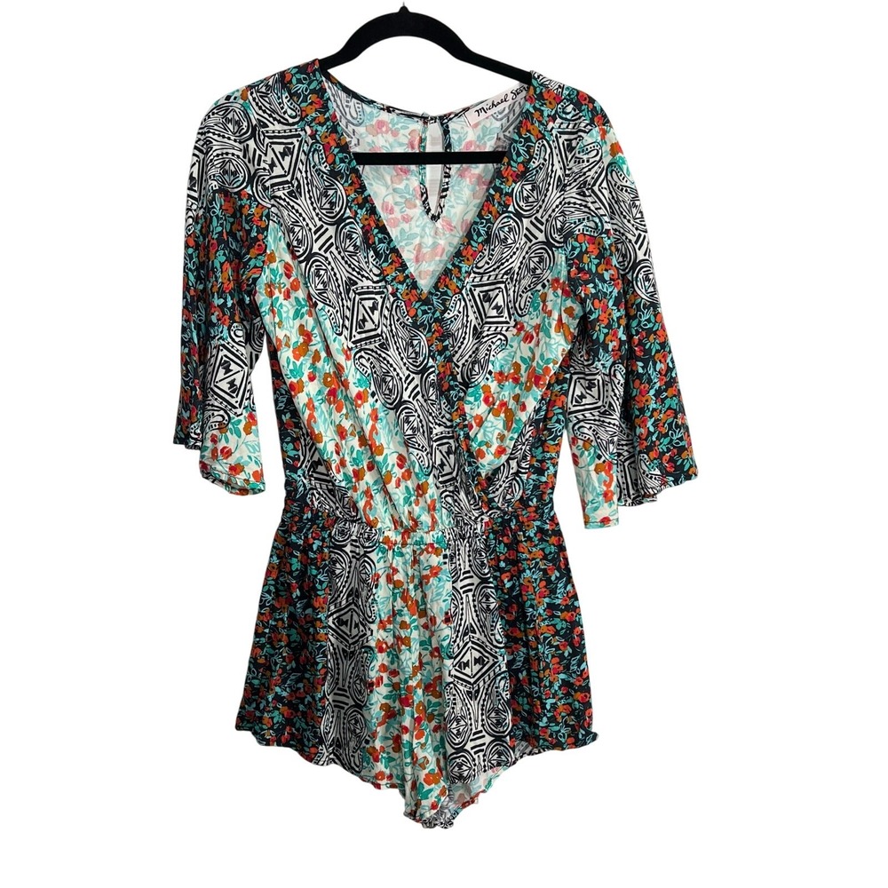 Michael Stars Size S Resort Aztec Floral Bohemian Festival Kimono Sleeve Romper